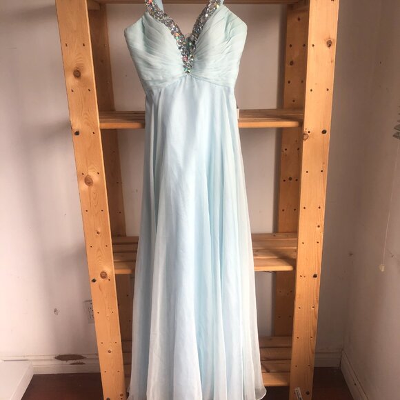 Baby blue formal long dress with gem neckline - Picture 2 of 4